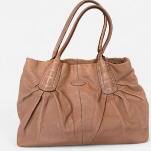 TOD'S Womens Tan Leather Ruched Handbag Shoulder Bag Tote Designer